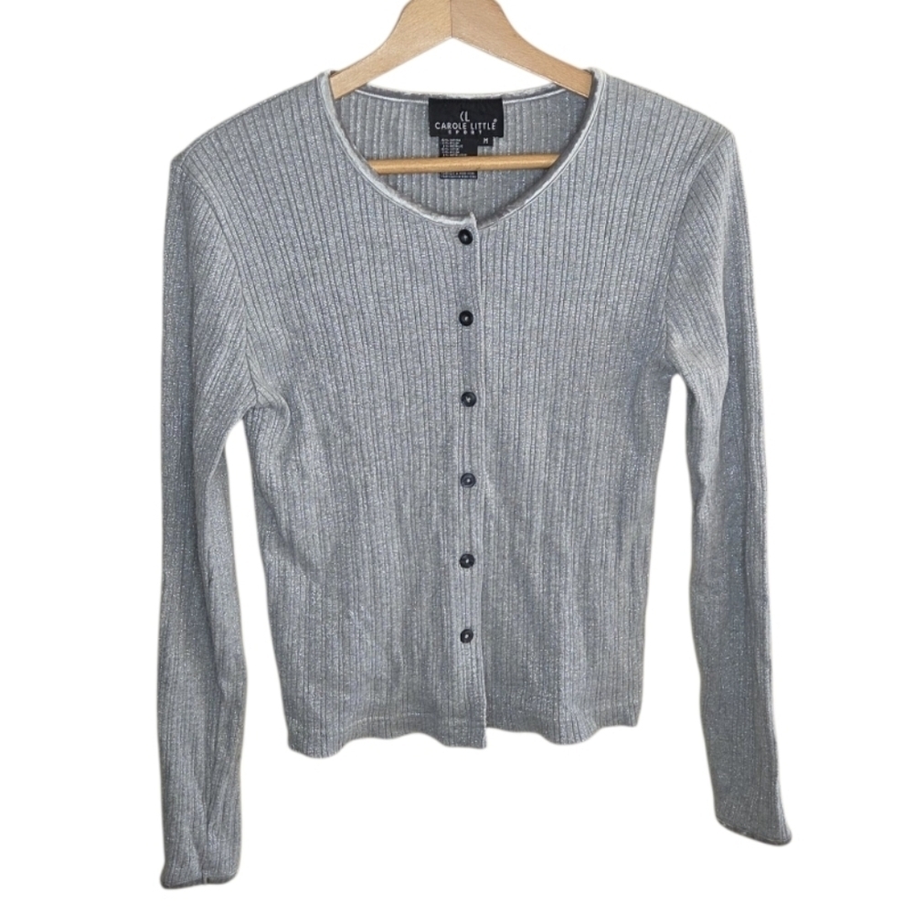 Carole Little Sport | Gray Ribbed Button Cardigan with Metallic Silver Shimmer